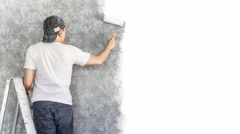 Guy painting white wall gray