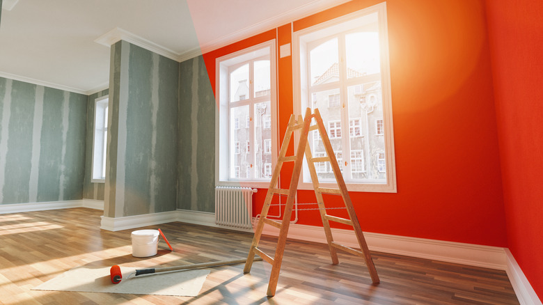 Wall painted orange with ladder, roller, and bucket