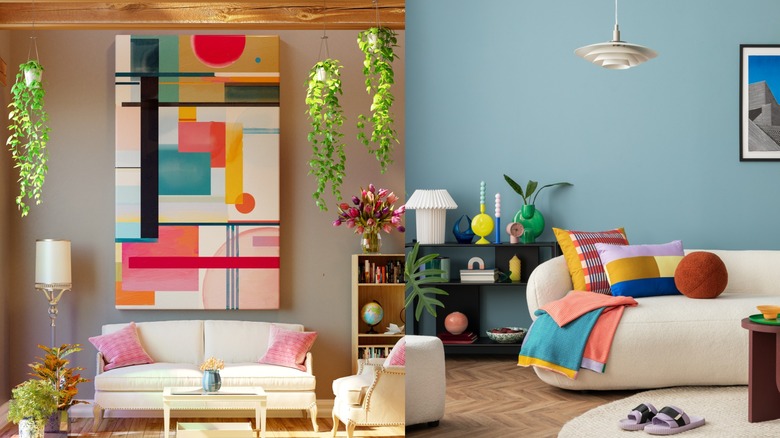 Modern '80s living rooms with bright colors