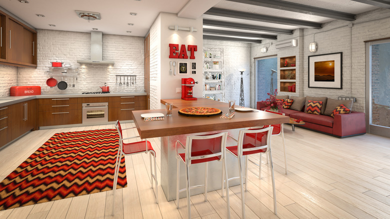 red accents throughout the kitchen 