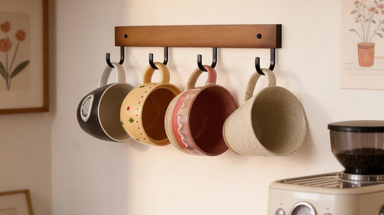 A wall-mounted stained scrap wood board with cup hooks holds different coffee mugs in a kitchen.