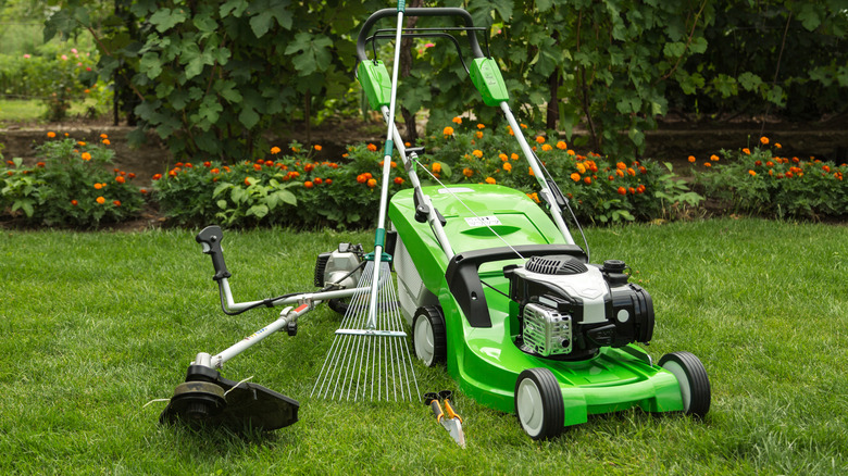 Mower, rake, and weed trimmer left out in yard