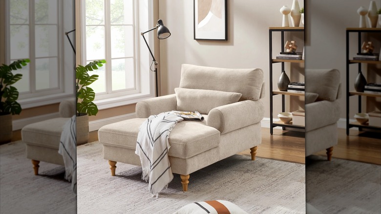 Modern beige linen lounge chair in living room