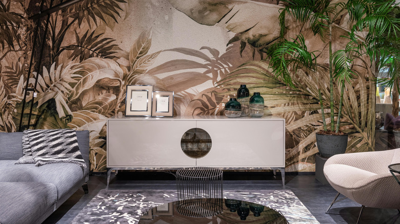 Tropical wallpaper in earthy tones