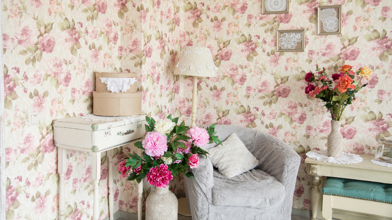 Retro style room with floral wallpaper