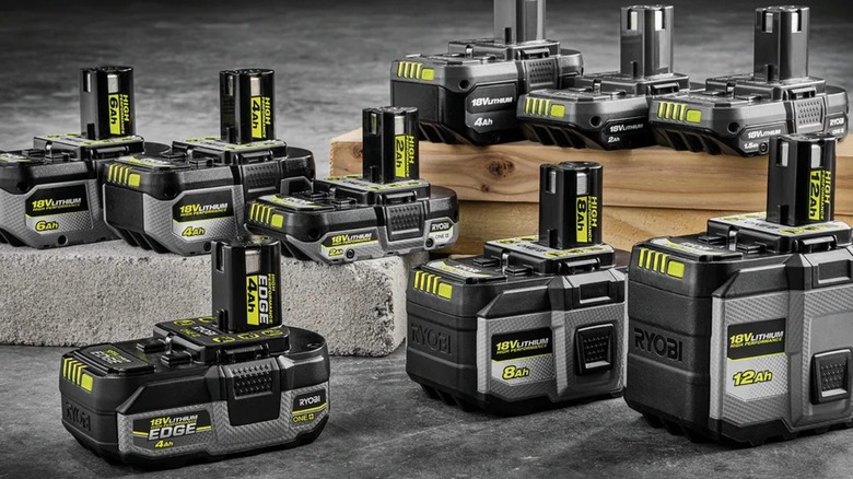 Display of Ryobi power tool batteries of varying sizes