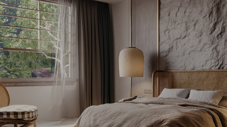 Bedroom with layered curtains