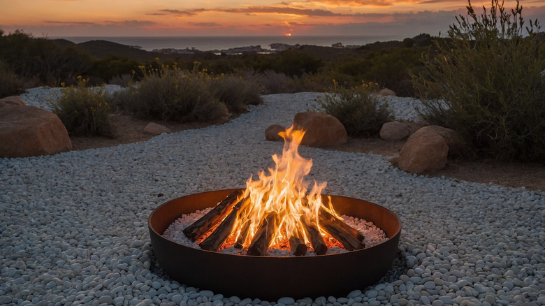 A gravel fire pit crackles under a warm sunset
