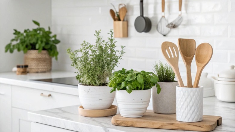 Pots of herbs sitting on kitchen countertops