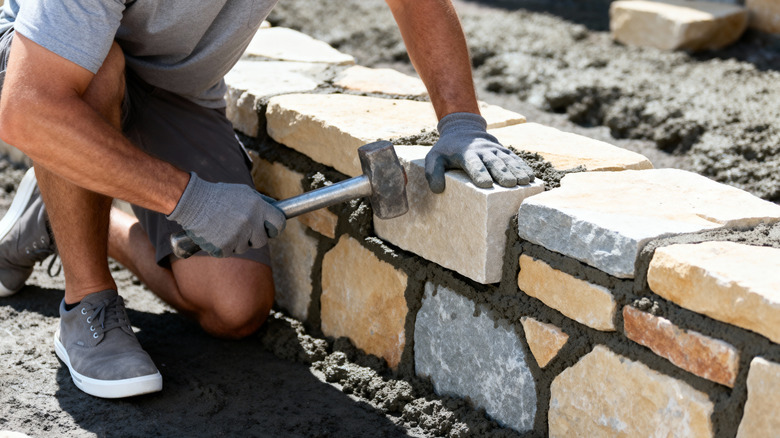 A person building a retaining wall out of stone