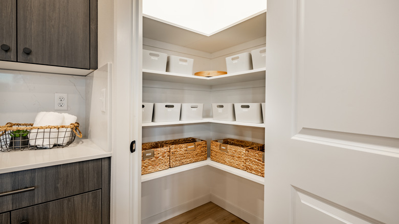 new shelves and storage totes in a small walk-in pantry