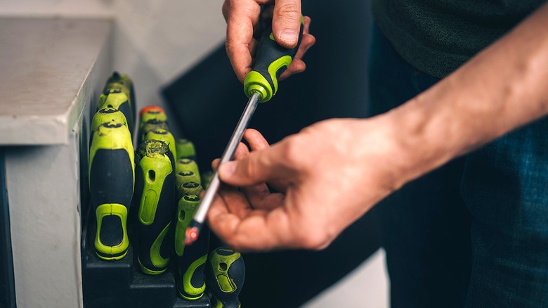 Close-up of a person holding a screwdriver after selecting it from a collection