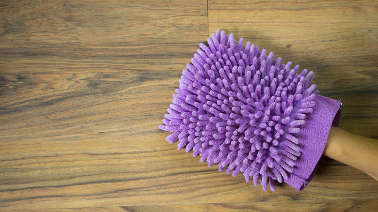 Person wearing a dusting mitt on their hand, ready to clean the house.