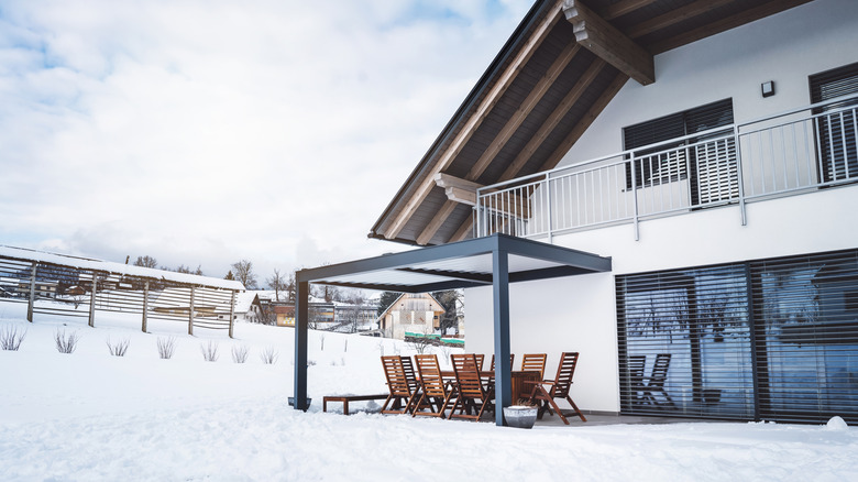 A patio covered with snow