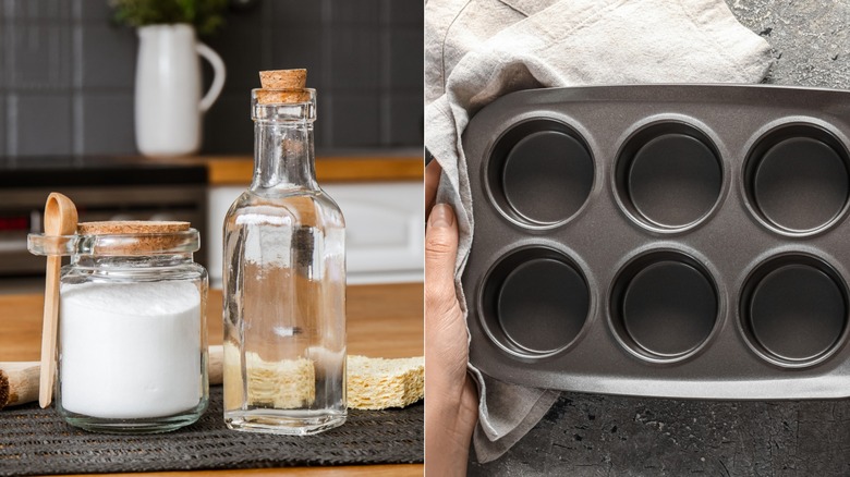 Split image of salt and vinegar bottles and a clean muffin tin