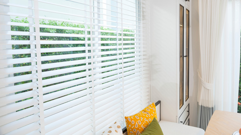 wood blinds in a living room