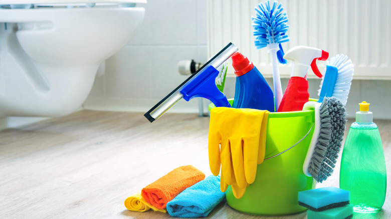 Cleaning supplies in bathroom