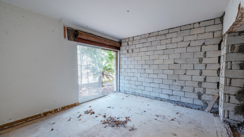 Basement with cinder block wall