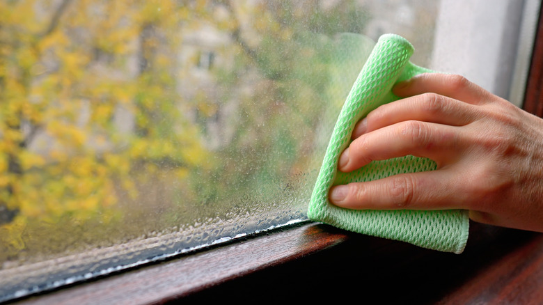 Woman cleaning basement window with a cloth