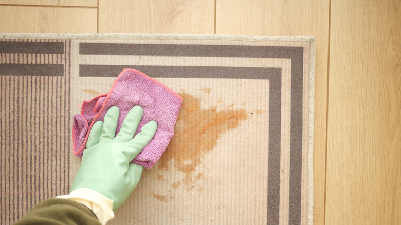 person cleaning stain on rug with rag
