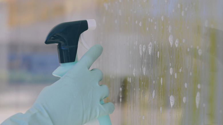 Close-up of a person spraying cleaner on a glass surface