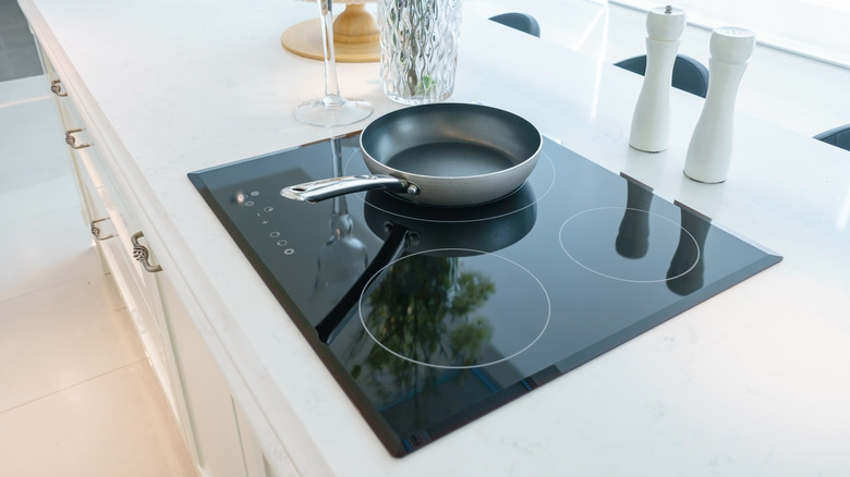 Frying pan sitting on glass stovetop in clean kitchen