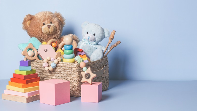 Toy box with teddy bear and blocks