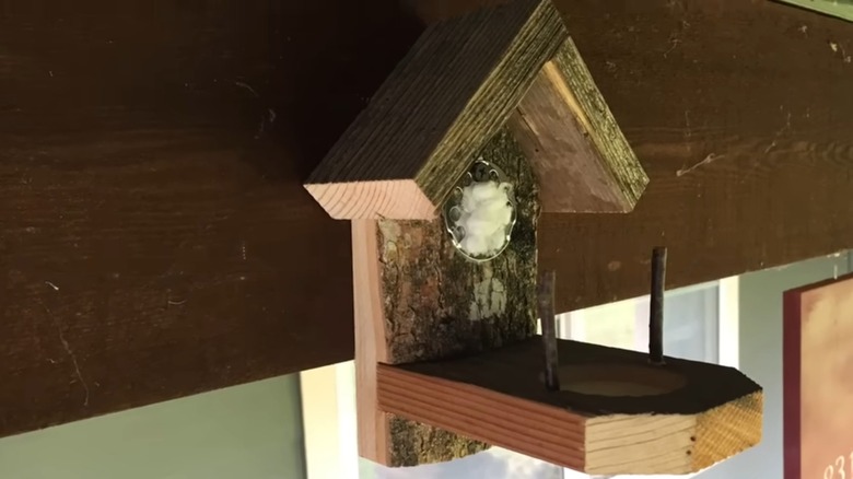 A DIY hummingbird platform built with wood is mounted under the eave of a house.