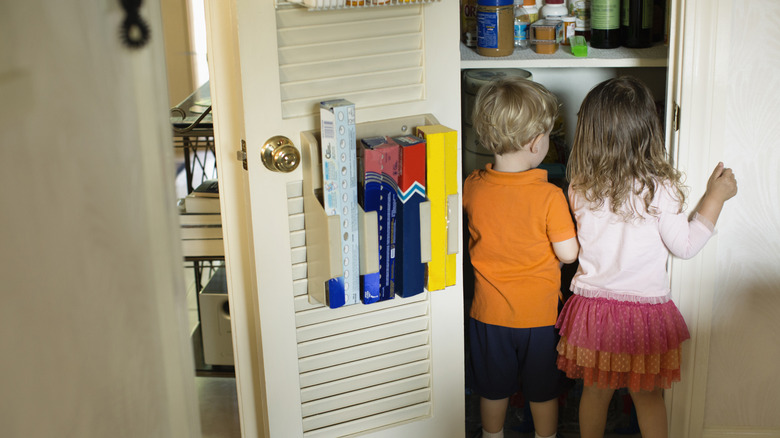 Two kids looking in a pantry