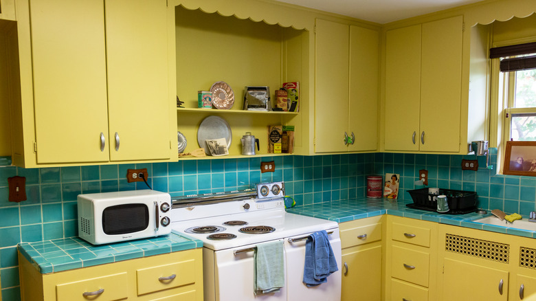 bright yellow and turquoise kitchen