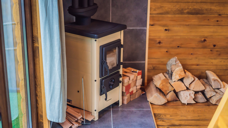 A small wood stove in a tiny home