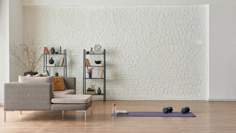 living room with yoga mat