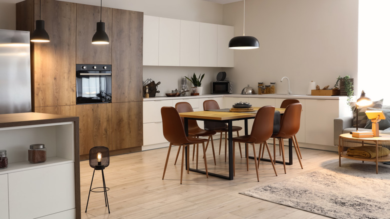 Wood and neutral kitchen in open concept