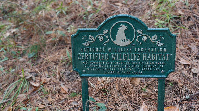 An NWF Certified Wildlife Habitat sign in a backyard.