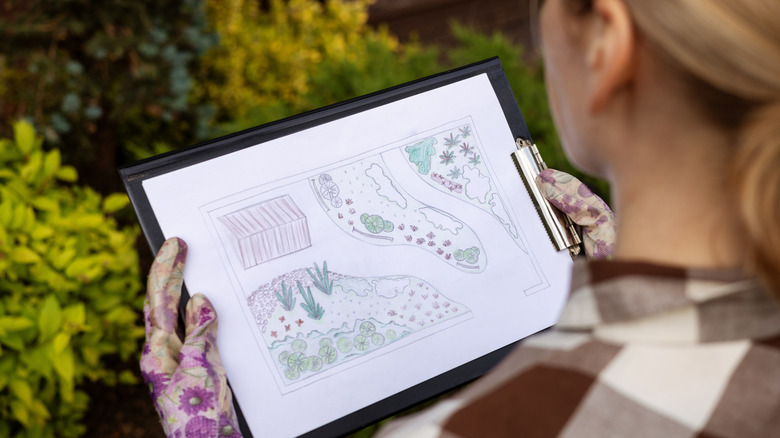 A gardener holds a hand drawn map of her backyard in her hands while outdoors.