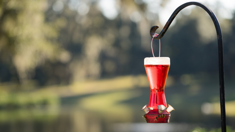 A red hummingbird feeder hangs from a curved metal stand