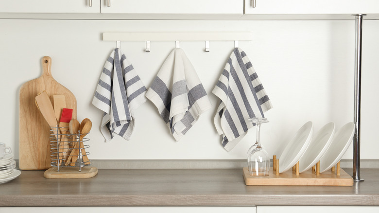 Kitchen towels hanging above counter