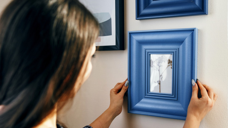 A woman hangs a small pressed flower in a large blue frame on a gallery wall