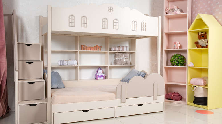 pink and white bunk bed