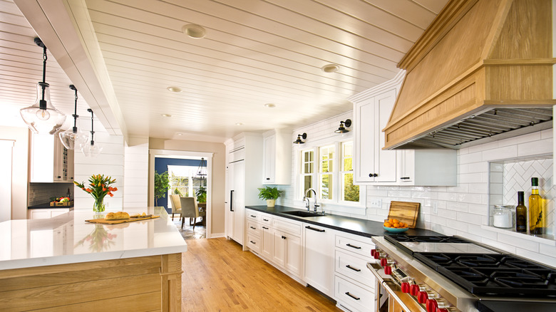 wooden vent hood in kitchen