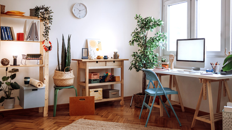 Energizing home workspace filled with interesting knick-knacks and plants