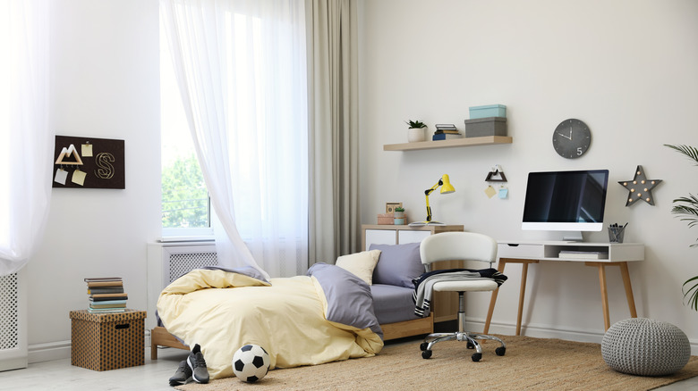 dorm room with curtains