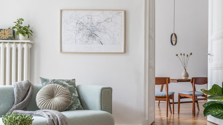 tranquil living room with map on display