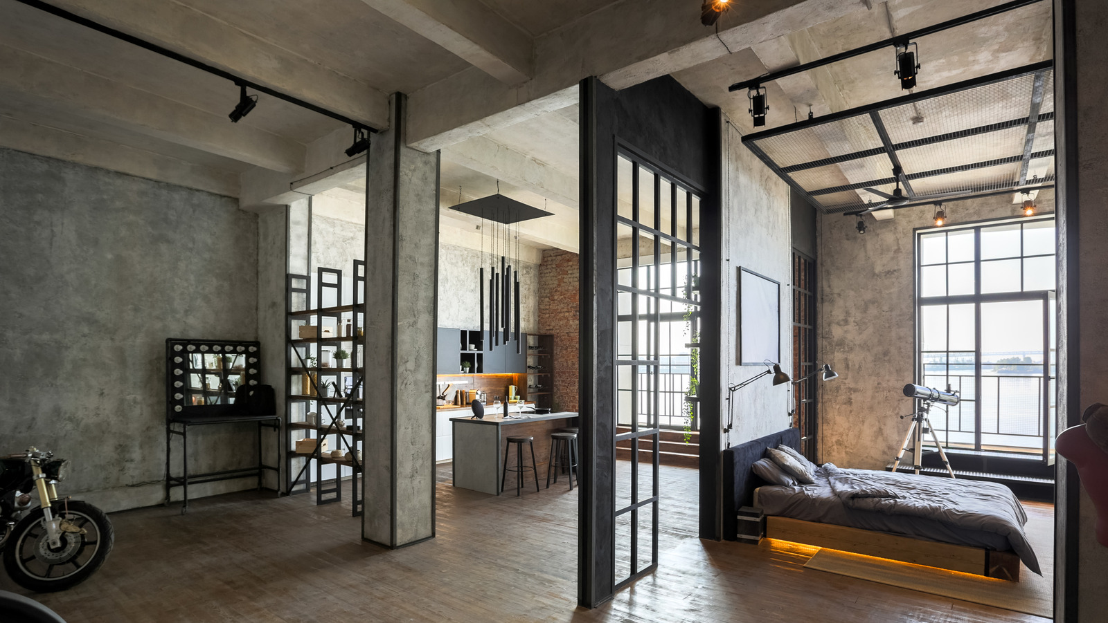 Kitchen In A Loft Style With Concrete And Brick Walls And Tiles A