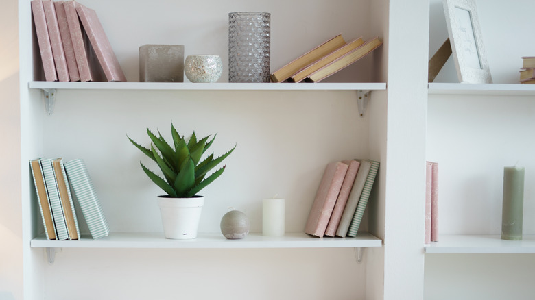 bookshelf with shades of pink books