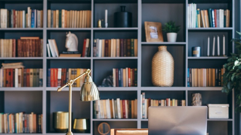 Bookshelf behind a desk 