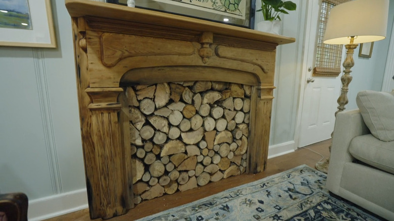 fireplace with wood logs.