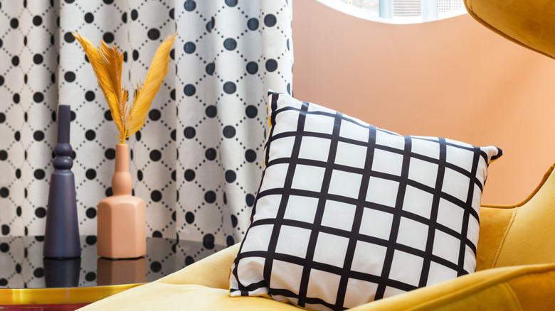 Polka dotted drapes living room