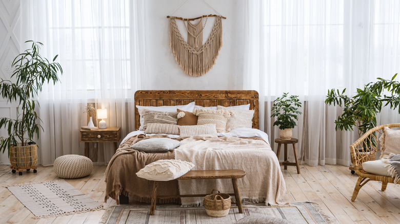 bed with wood and fabric decoration
