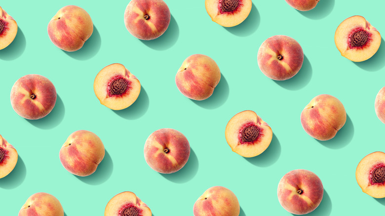 Peach printed wallpaper on blue